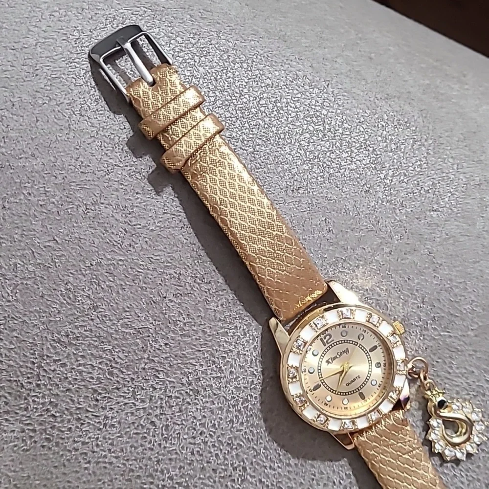 Kim Seng Quartz fashion Watch Gold white bling Dangle‎ charm
